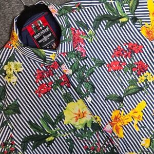 BARABAS Men's Striped Floral Button Down Short Sleeve Shirts Sz Large‎